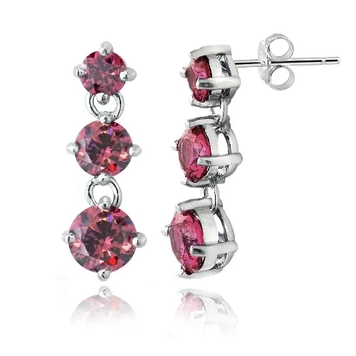 Sterling Silber Dunkel Rot CZ Drei Stein Dangle Ohrringe