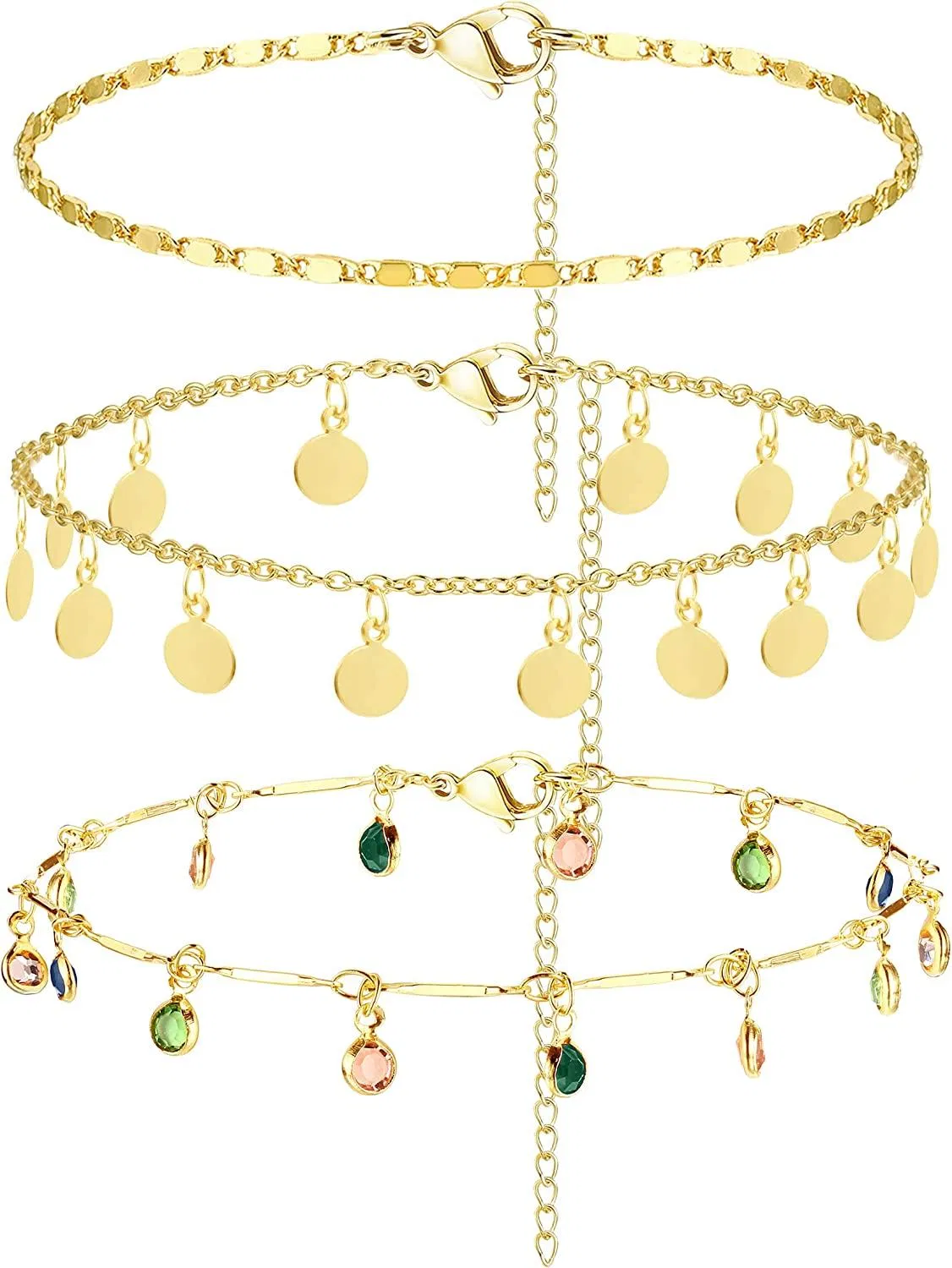 3Pcs Gold Ankleß Armbänder für Frauen Figaro / Kubaner / Mariner Kette flache Ankleß für Frauen einstellbar süßer Sommer Strand Fuß Charme einstellbarer Größe Schmuck
