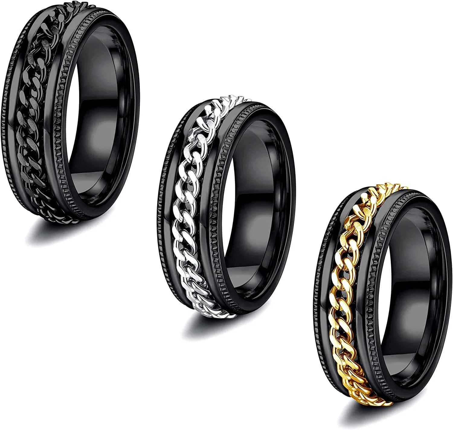 3 Stück 8mm Spinner Ring für Männer Edelstahl Fidget Band Kette Ringe Biker Grooved Edge Cool Hochzeit Versprechen Angst Ring Set Größe 12