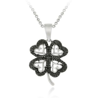 Sterling Silber Schwarz Diamant Akzent Vier Blatt Clover Anhänger
