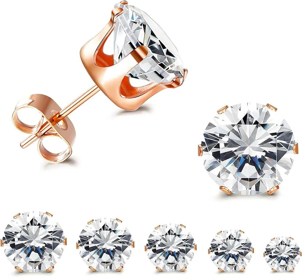 5 Paare CZ Stud Ohrringe Set; Round Clear Cubic Zirkonia 316L Edelstahl Ohrringe für Frauen 3 - 7mm