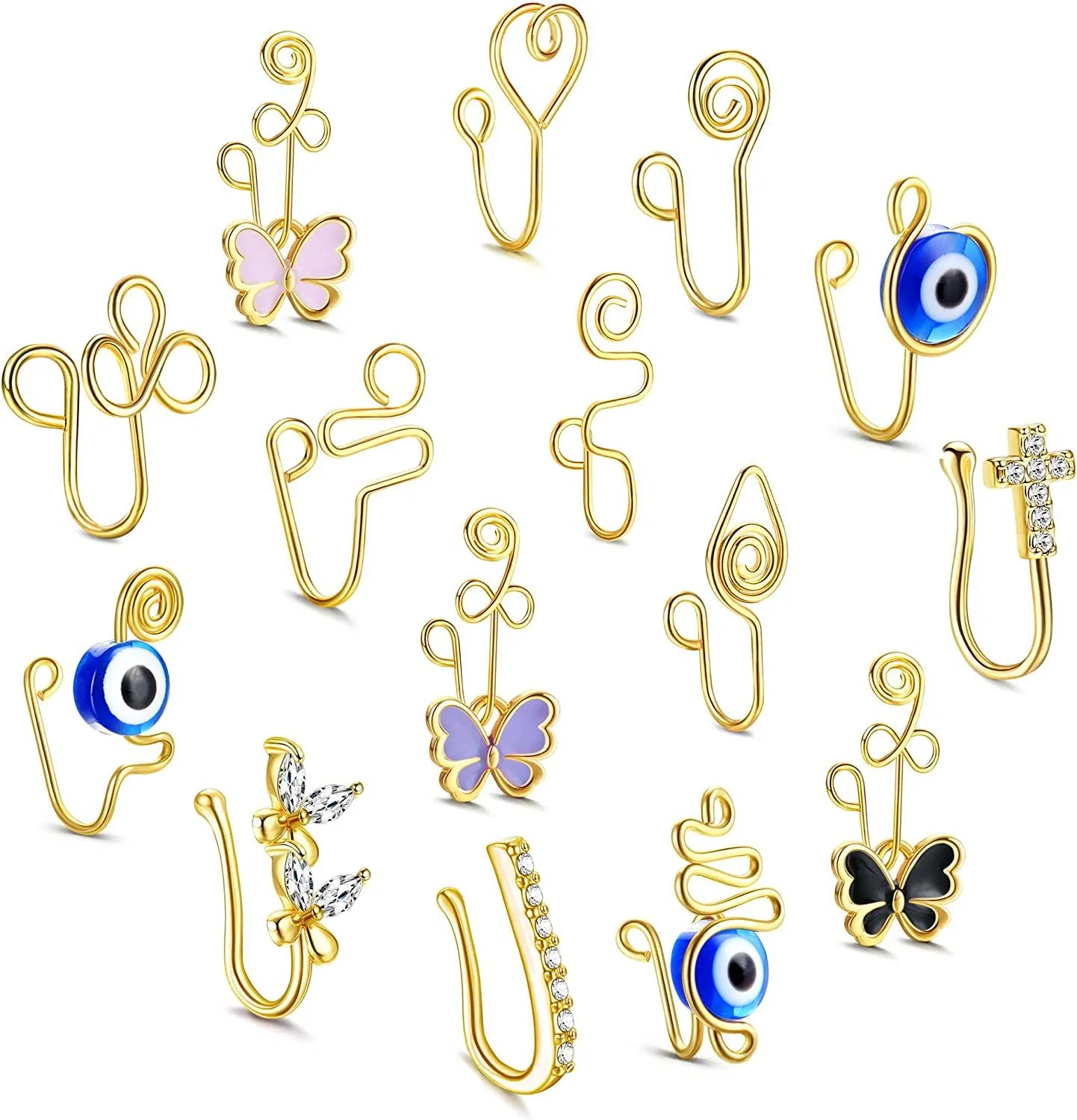 14 Karat Goldplated African Nose Cuff für Nicht-Pierced Nose Adjustable Evil Eye Butterfly CZ Fake Nose Ringe Non-Piercing Clip On Nose Ring für Frauen Faux Piercing 15 Stück