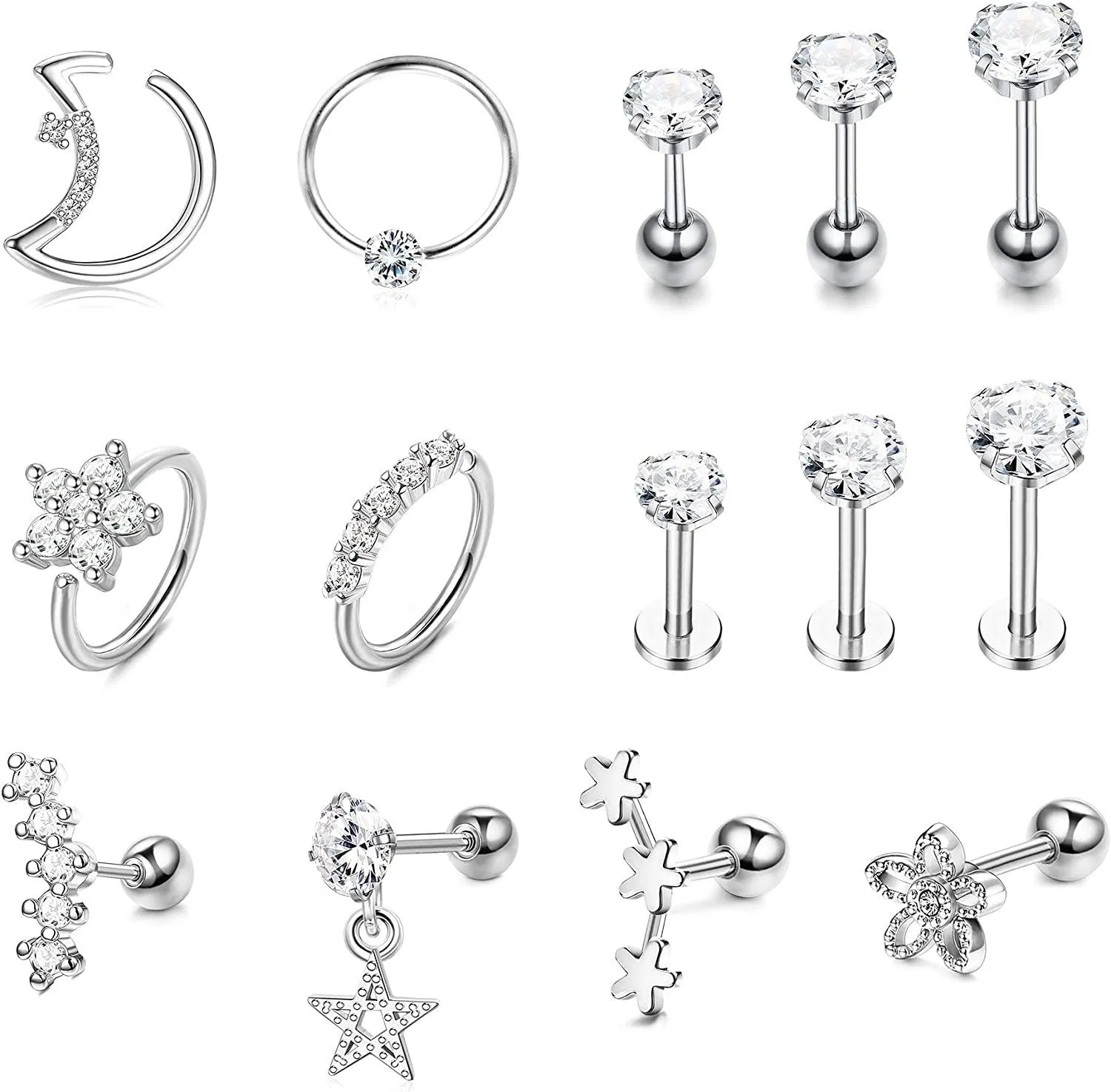 14pcs 16G Tragus Ohrringe Stud Forward Helix Knorpel Ohrringe Chirurgische Edelstahl Lippenringe Conch Labret Studs Medusa Monroe Piercing für Frauen Männer