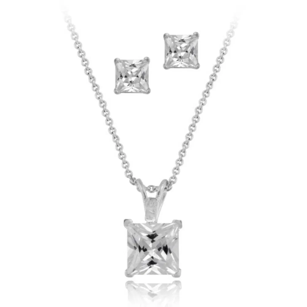 Sterling Silver Square Princess Cut CZ Solitaire Anhänger & Stud Ohrringe Set