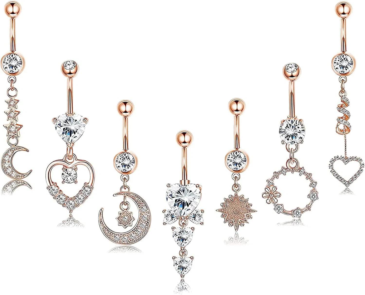 7PCS 14G Dangle Bauchknopf Ringe für Frauen 316L Edelstahl CZ Nabel Barbell Ringe Herz Stern Mond gebogen Barbell Körper Piercing Schmuck
