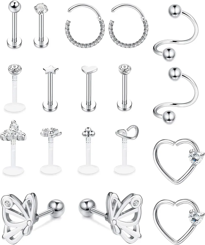 18pcs Edelstahl Ohrknorpel Ohrringe Tragus Ohrringe Schreifen für Frauen Helix Conch Piercing CZ Barbell Stud 16G Stud Ohrringe Körperschmuck