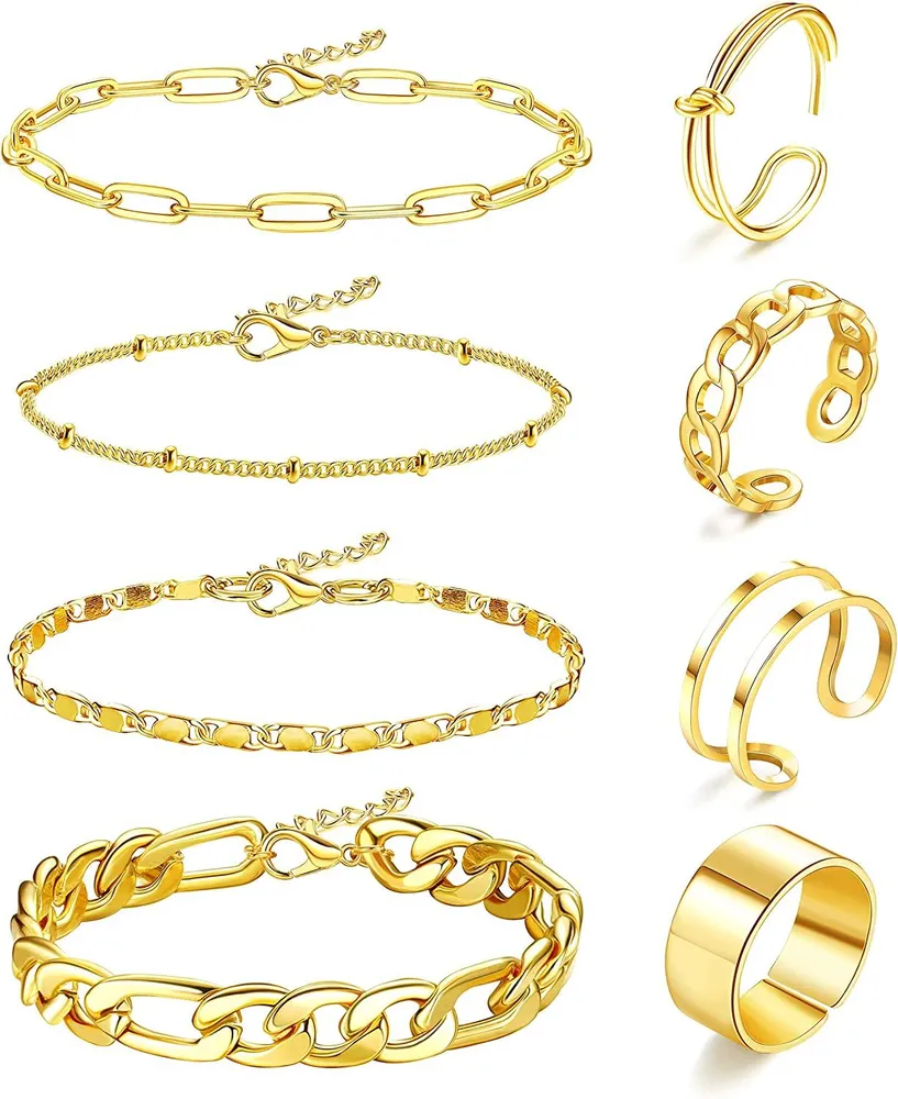 Dainty Gold Link Chain Armbänder & Knuckle Midi Ring Set für Frauen Mädchen verstellbare Knoten Finger Stackable Ringe; Mode Kubanische Paperclip Perlen Kette Armbänder Set