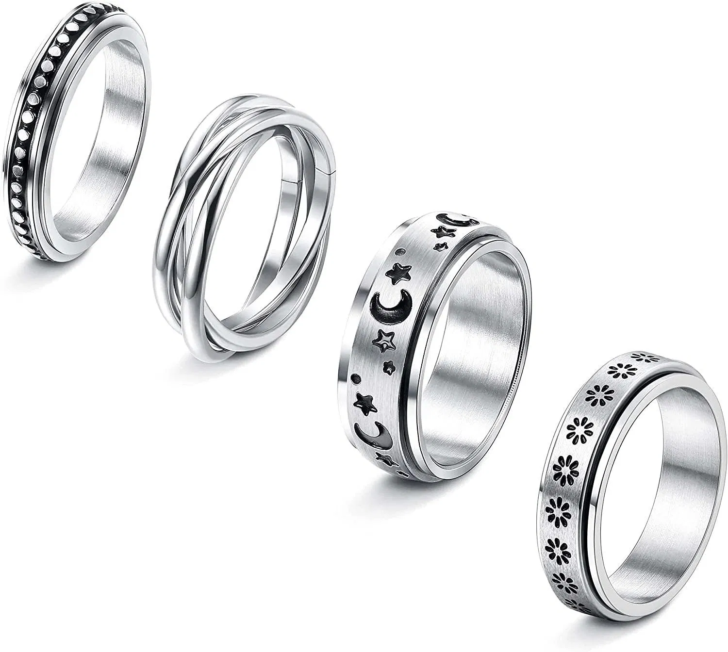 4 Pcs Spinner Ringe für Frauen Edelstahl Fidget Band Ringe Set Mond Stern Blumen Damen Ring für Stress Linderung Hochzeitsversprechen Größe 11