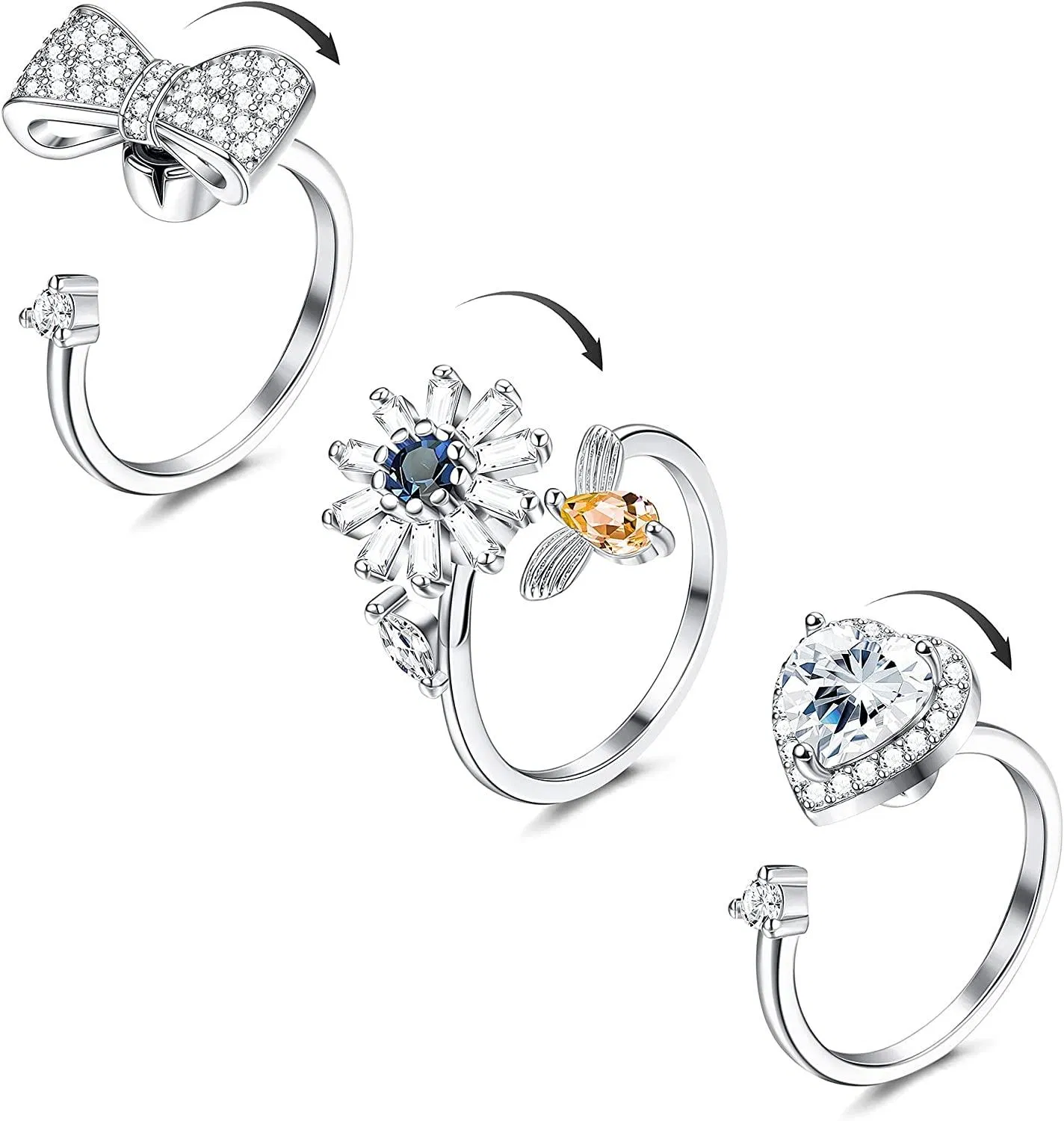3Pcs Frauen Angst Ringe Fidget Spinner Ring Kubik Zirkonia Schmetterlingsblume Spinning Rotatable Sorgen Ringe für Stress Linderung verstellbare Größe 8