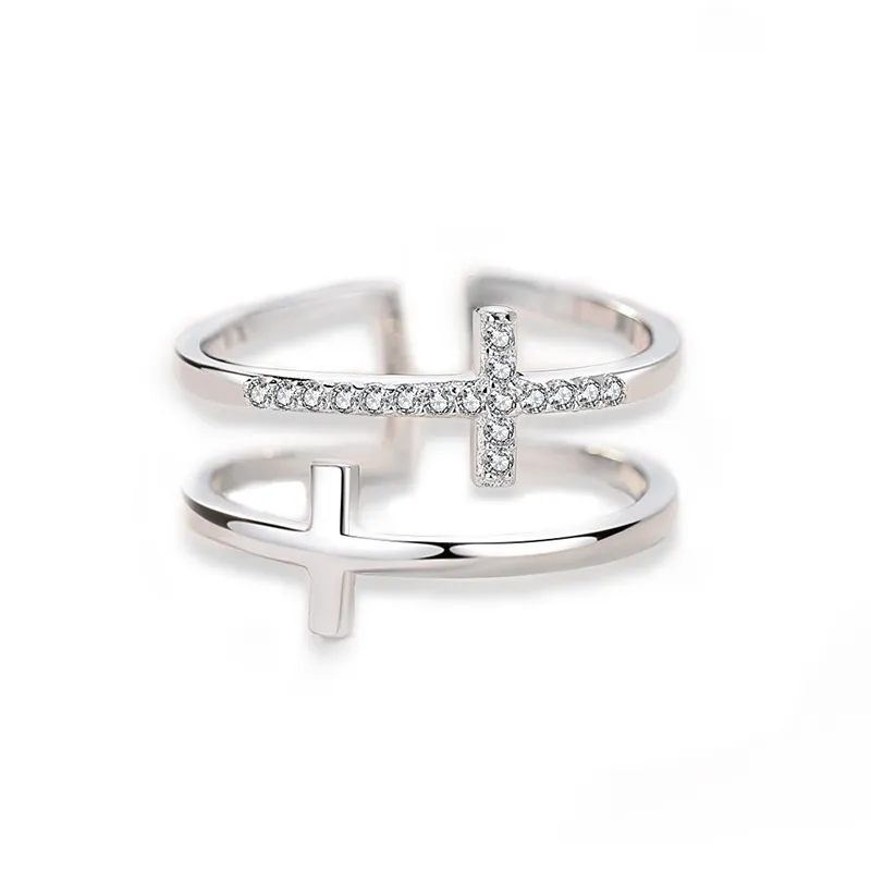 Doppel Kreuz Miniatur Kupfer Inlaid Zircon Ring