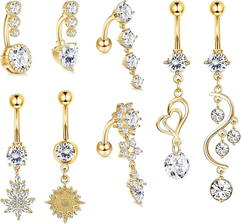 8PCS 14G Dangle Belly Button Ringe für Frauen 316L Edelstahl CZ Bauch Barbell Piercing Dangle Rückwärts gekrümmter Nabel Barbell Körperschmuck