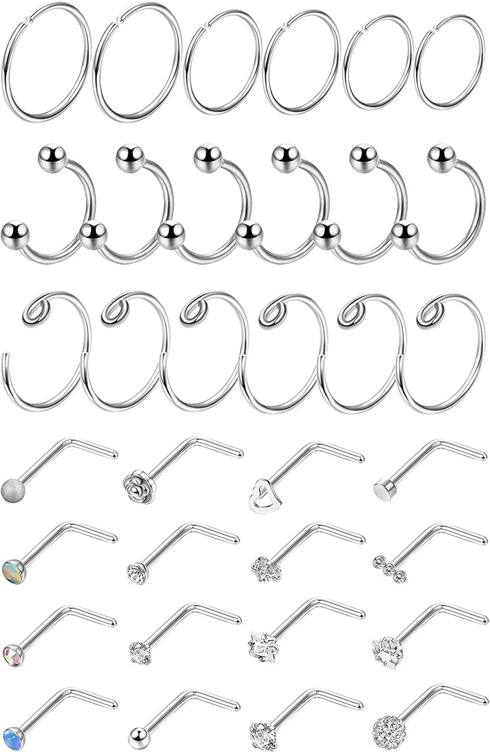 20G 34Pcs Edelstahl L Knochen-Schraube geformte Nasen-Sticks Nasen-Ringe CZ Hoop Tragus Knorpel Nasen-Ring Labret Nasen-Piercing für Frauen Männer