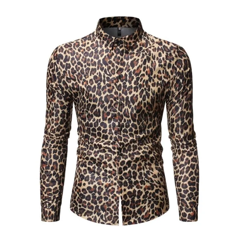 Mens Long Sleeve Leopard Pirnt Button Down Dress Shirt
