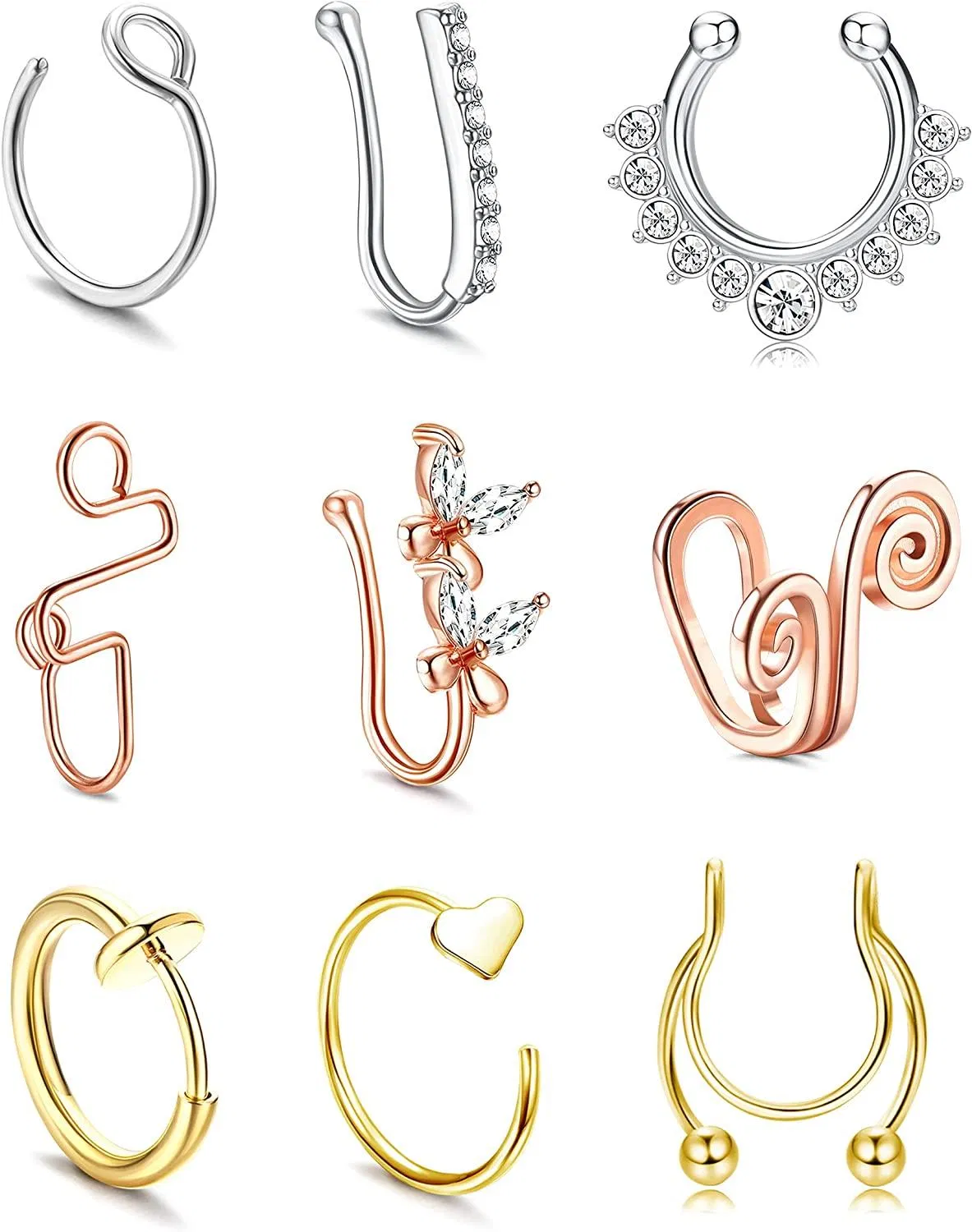 9 Pcs Afrikanische Falsche Nase Ringe für Frauen Männer Edelstein eingeladen CZ verstellbares Septum Nase Faux Cuff Clip-on Nase Ohr Non Piercing
