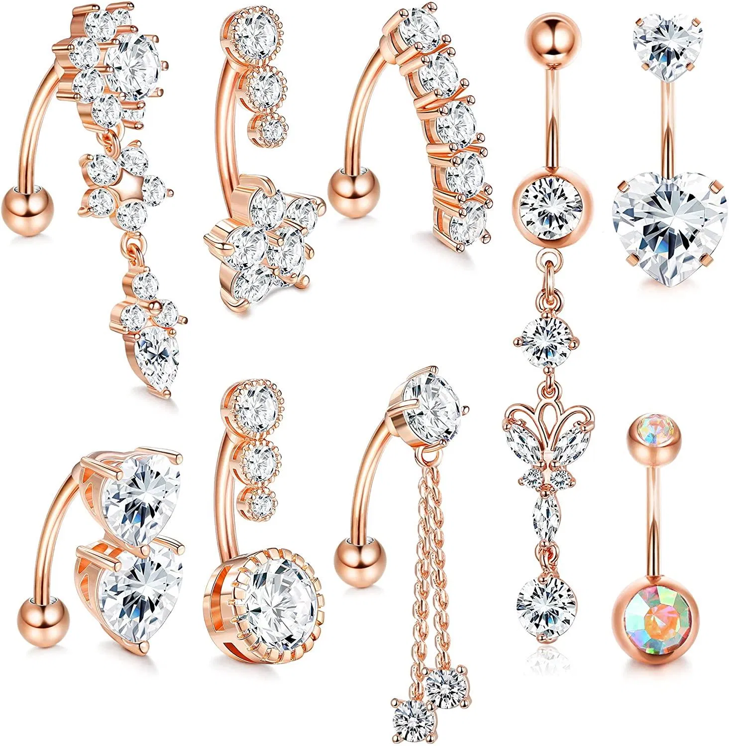 9pcs 14G 316L Edelstahl Dangle Bauchknopfringe für Frauen Clear CZ Reverse Nabbel Ringe Curved Barbell Body Piercing Jewelry