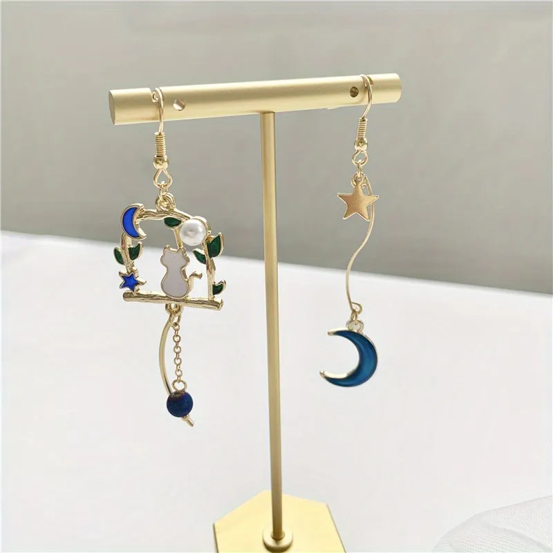 Kätzchen Mond Stern Blatt asymmetrisch lange Doppel-Tassel - Ohrringe Ohrhaken Ohrringe