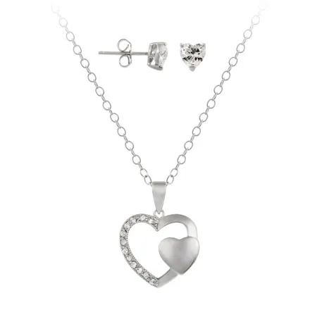 Sterling Silber CZ Twin Herz Halskette & Stud Ohrringe Set