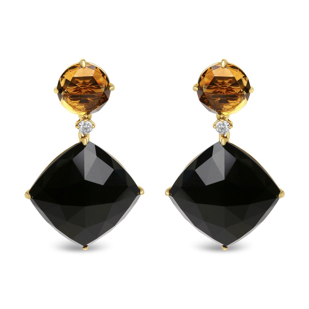 18K Gelbgold 1 / 5 Cttw Diamant mit rundem gelben Citrine und Kissen geschnittenem schwarzen Onyx Edelstein Dangle Ohrring (G-H Farbe, SI1 - SI2 Klarheit)