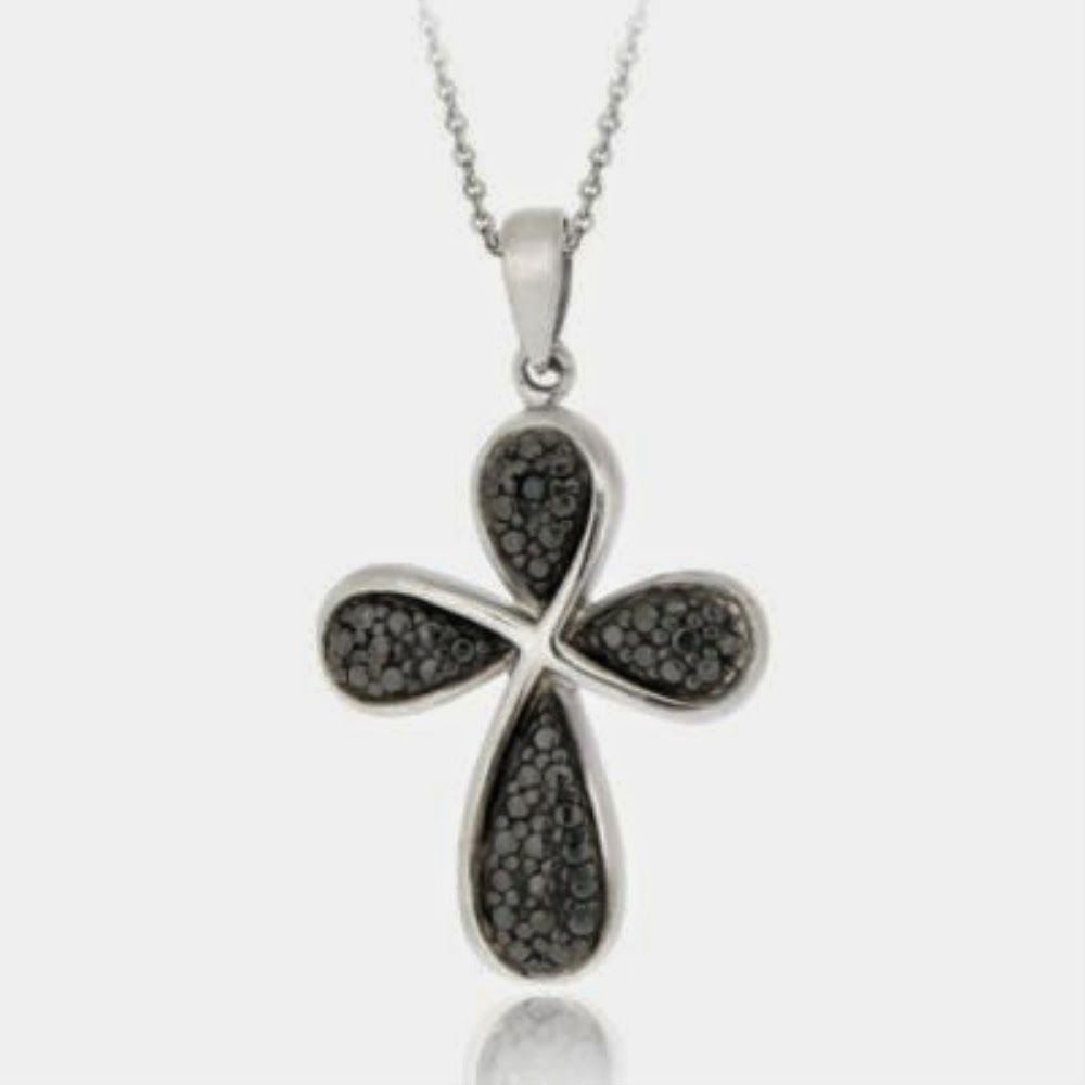 Sterling Silber Black Diamond Akzent Ribbon Cross Anhänger