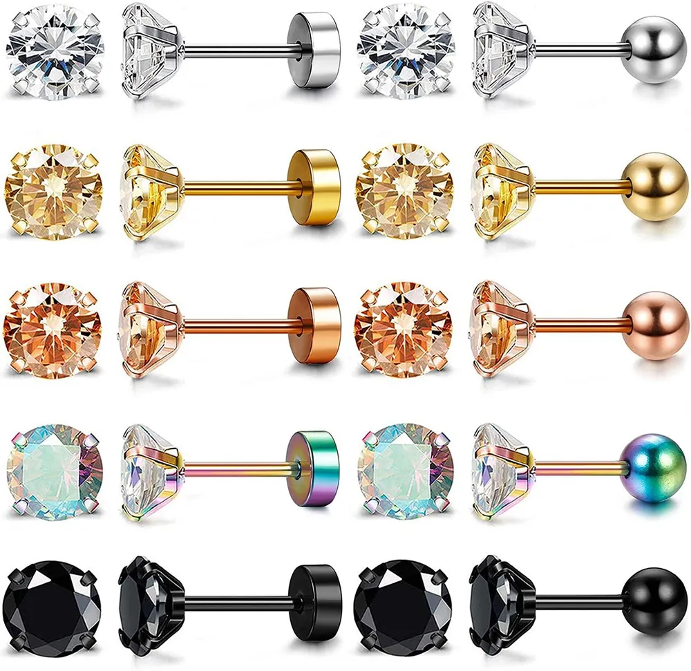 10 Paare 18G Edelstick Ohrringe für Frauen Männer Round Cubic Zirkonia Barbell Flat Screw Back Ohrstick Piercing Set