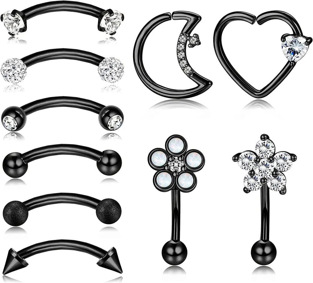 10pcs 16G Rook Curved Barbell Augenbrauenringe für Frauen Männer 316L chirurgische Bauch Lippenring Opal CZ Herz Daith Knorpel Ohrringe Anti Tragus Forward Helix Body Piercing 6MM 8MM