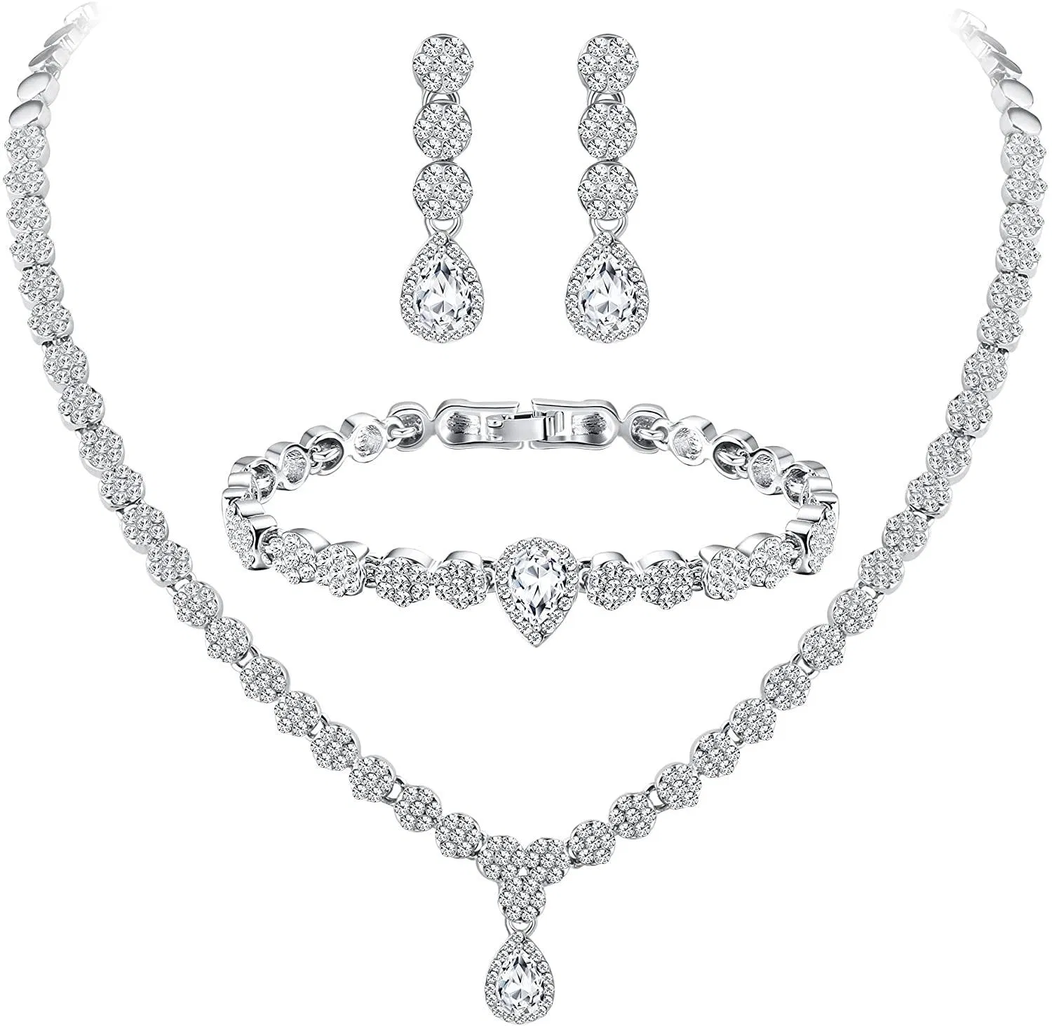 Hochzeitsschmuckset für Frauen Weißgold Platte Brautschmuckset mit 5A + Kubik Zirkonia Schmuckset Halskette Ohrringe und Armband Schmuckset