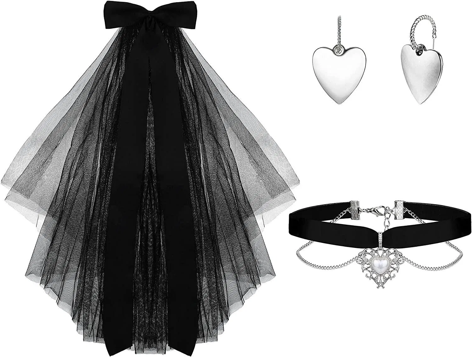 3pcs Schwarzer Teufel Prinzessin Set mit schwarzen Schleier Haar Accessoires; Vintage Rhinestone & Silber Herz Dangle Hoop Ohrringe; Lace Rose & Pearl Herz Anhänger Choker Halskette Lolita Halloween Kostüm für Frauen