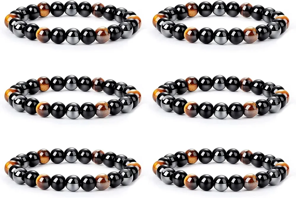 6 Stück 8MM Tiger Eye Beads Armbänder; Naturstein Armband; Dreifach Schutz Armband Set für Frauen Männer