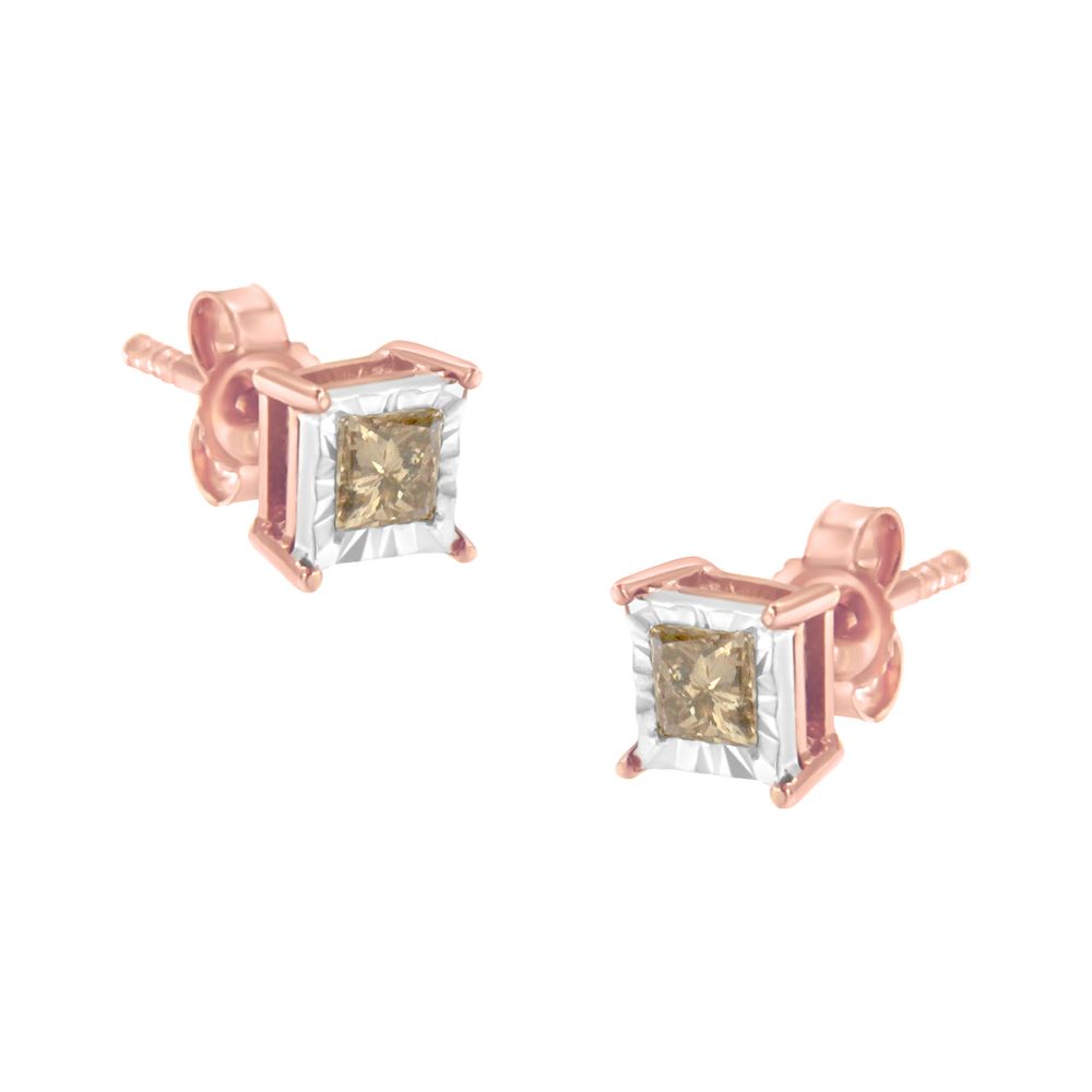 14 Karat Rose Gold Plated Zwei-Ton .925 Sterling Silber 1 / 2 Cttw Prinzessin-Cut Quadrat Diamond Solitaire Miracle-Plate Stud Ohrringe (K-L Farbe, I2 - I3 Klarheit)