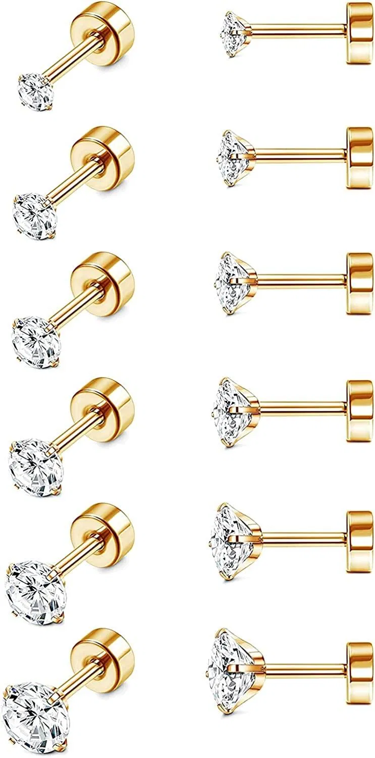6 Paare 18G hypoallergene Ohrringe Edelstahl für Frauen Männer Knorpel Helix Ohrringe Set Round Cubic Zirkonia Titan Ohrringe Screwback Flat Ball Back Stud Ohr Piercing