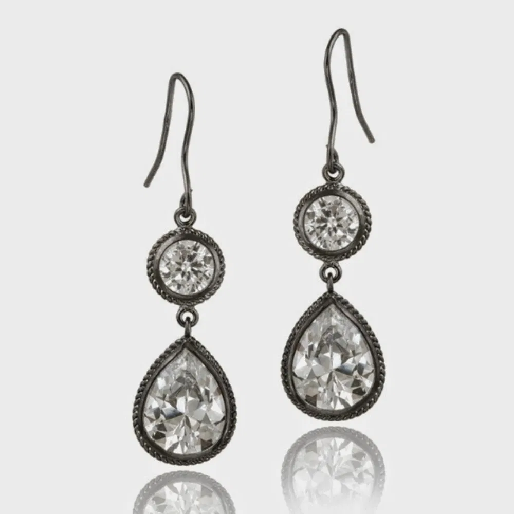 Black Rhodium Overlay Sterling Silver CZ Circle & Teardrop Dangle Ohrringe