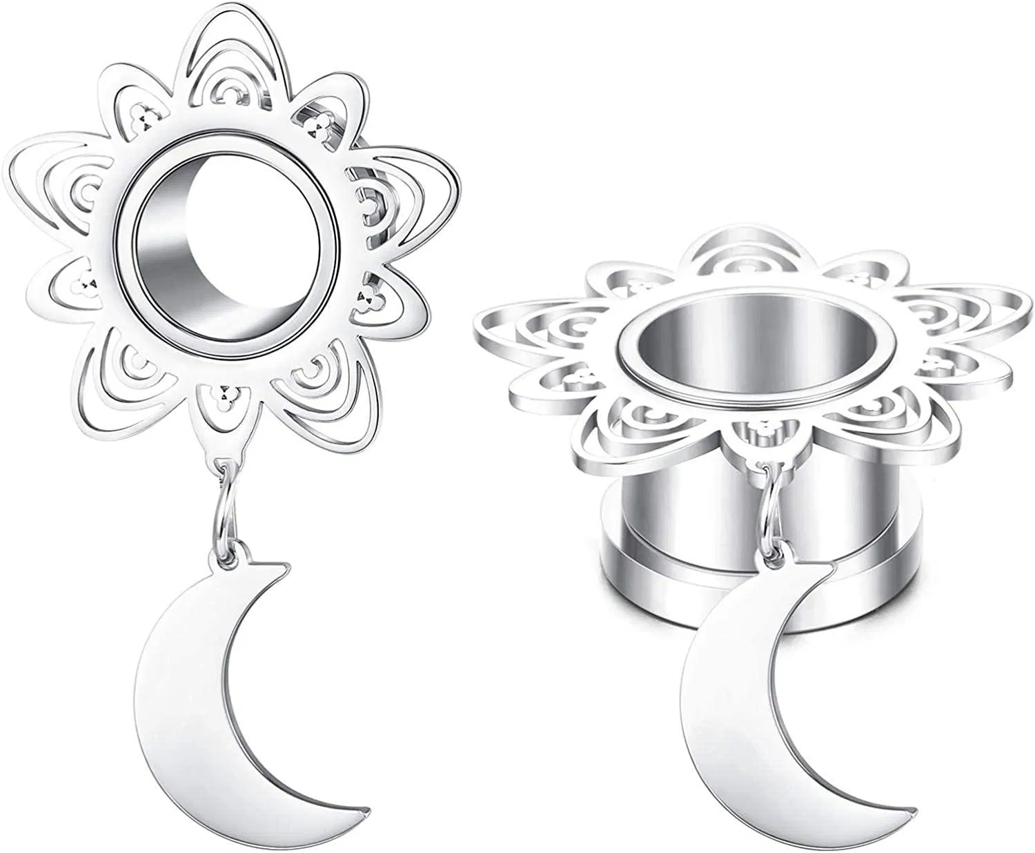 1paar Ohr-Tunnel - Stecker Edelstahl Doppel-Flacked Ohr-Tunnel Expander Stretcher Gauges Mond-Typ - Ohr-Piercing für Frauen