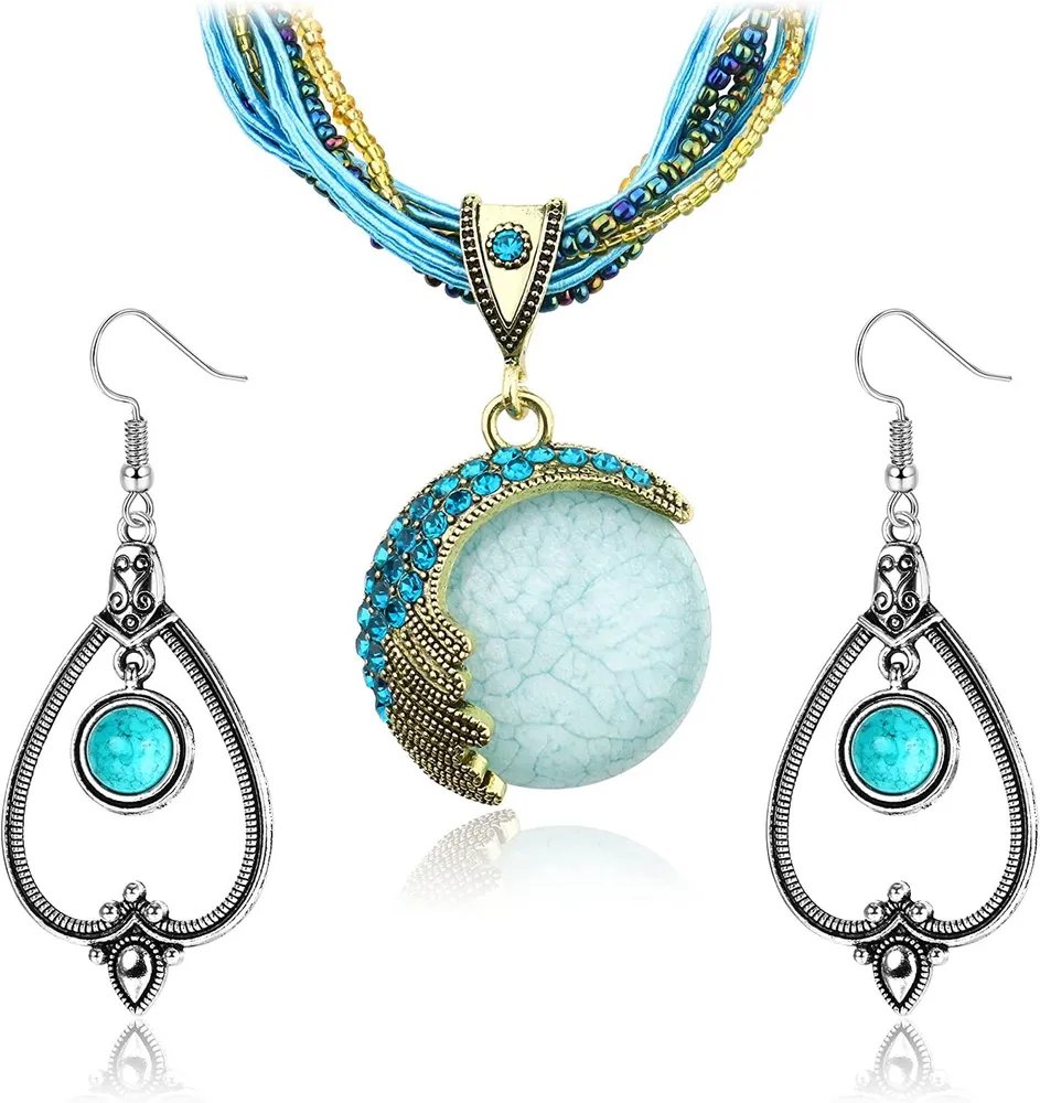 Retro Vintage Bohemian Kette Ohrringe Set für Frauen Lady Türkis Rhinestone Anhänger Halskette Bohemian Statement Kette Vintage Türkis Dangle Ohrringe Boho Türkis