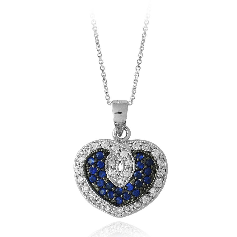 Sterling Silber Blau & Weiß CZ Swirl Herz Anhänger