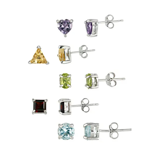 Sterling Silber 5 Pair echte Amethyst, Blau Topaz, Citrine, Granat und Peridot Solitaire Stud Ohrringe Set