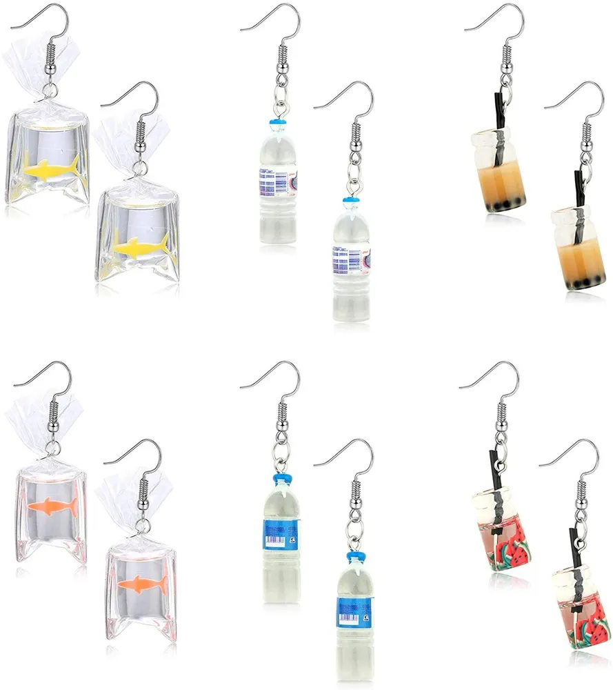 6 Paare lustige Acryl Goldfisch Wasserflasche süße Perlen Milch Tee Anhänger Dangle Candy Cherry Hook Ohrringe für Mädchen Frauen
