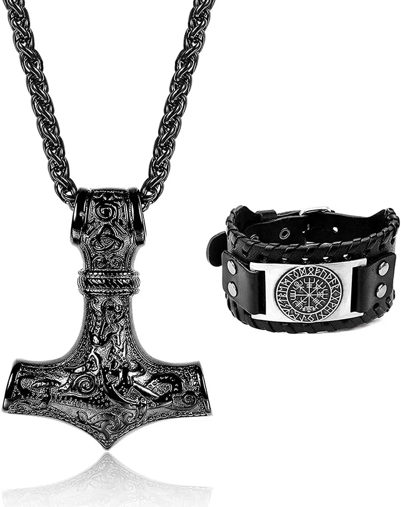 Thors Hammer Halskette Viking Armbänder für Männer Mjolnir Edelstahl Thor Hammer Anhänger Vegvisir Leder Armband mit Kompass Runen Viking Schmuck für Männer