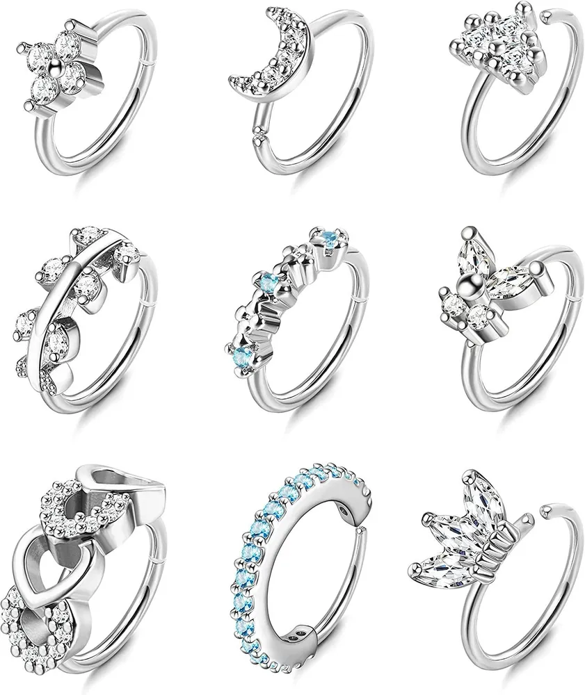 9pcs 20G Nasenringe Schleifen Edelstahl Schmetterling Mondschleife Nasenringe gepflastert CZ Blatt Knorpel Ohrringe Nasenring Piercing für Frauen Männer