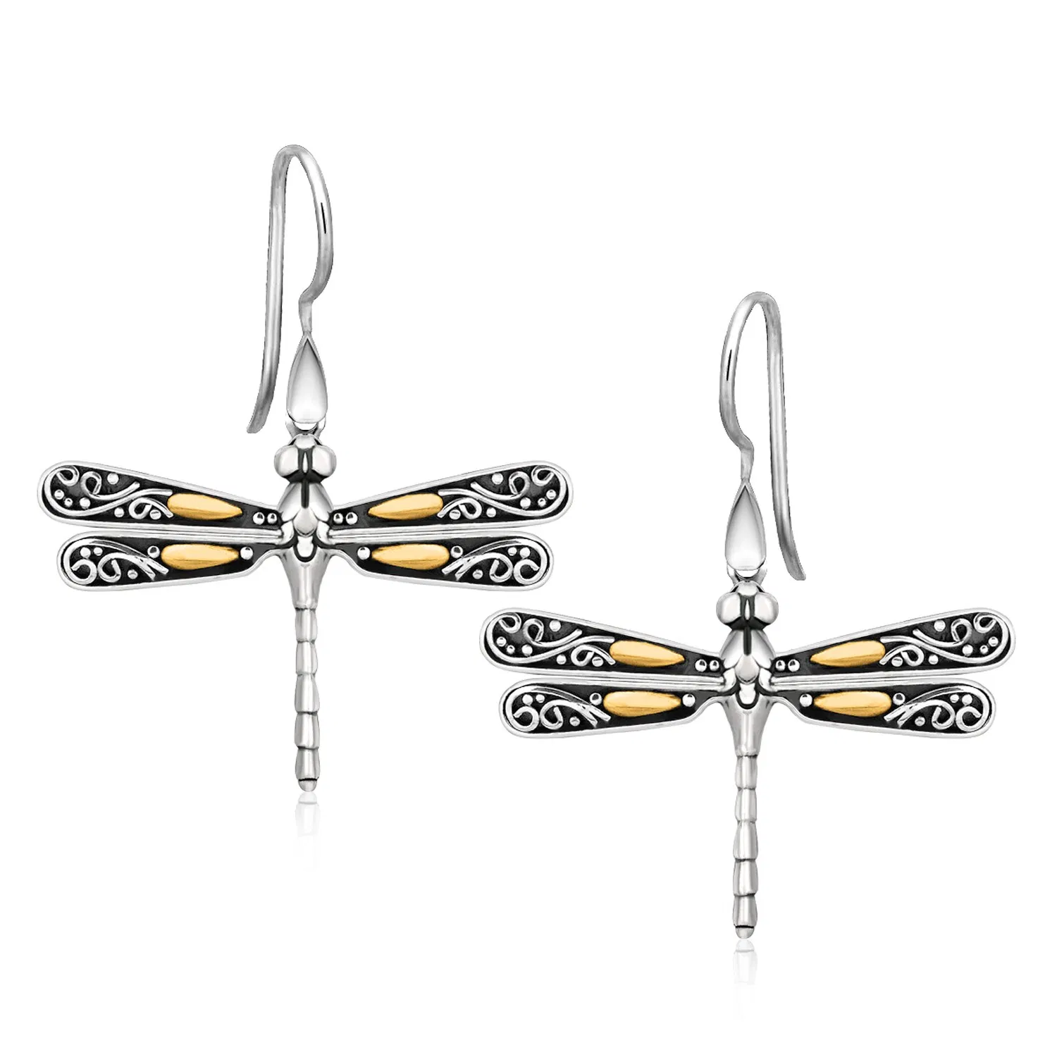 18 Karat Gelbgold und Sterling Silber Dragonfly Motif Drop Ohrringe