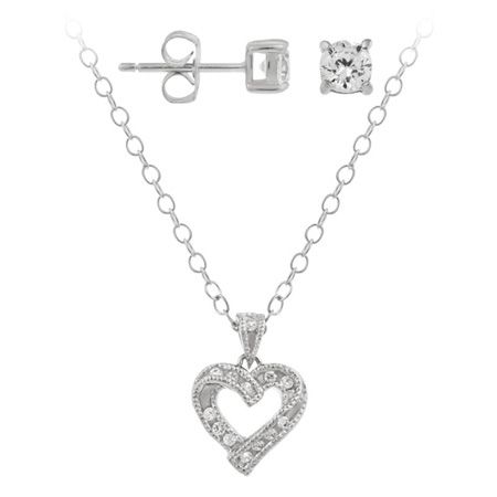 Sterling Silver Design-Inspired CZ Heart Pendant & Stud Set