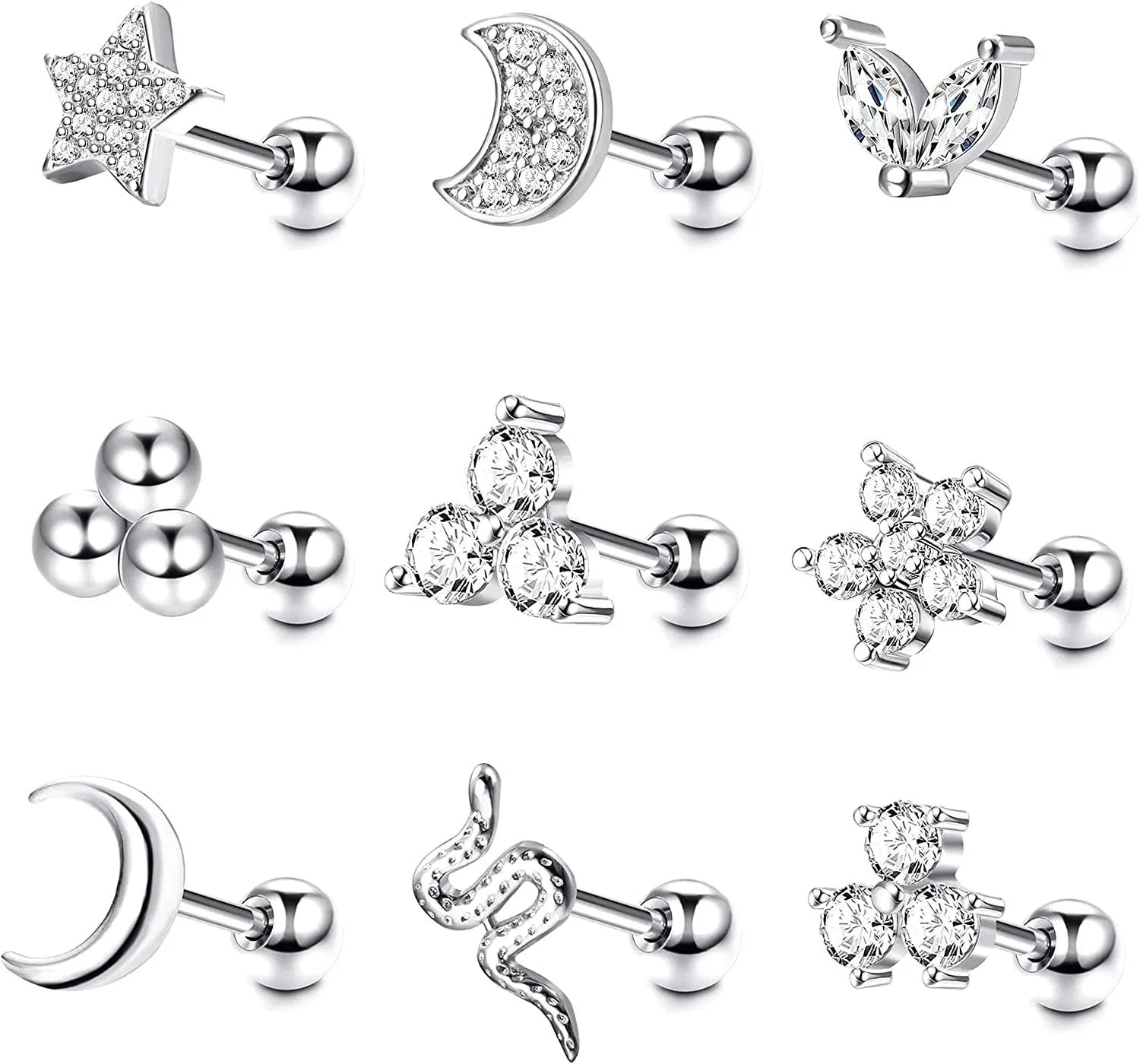 9pcs Knorpel Ohrringe Helix Tragus Ohrringe CZ Mond Stern Schlange Blume Schraube Rücken Ball Stud Edelknorpel Ohr Piercing für Frauen Männer