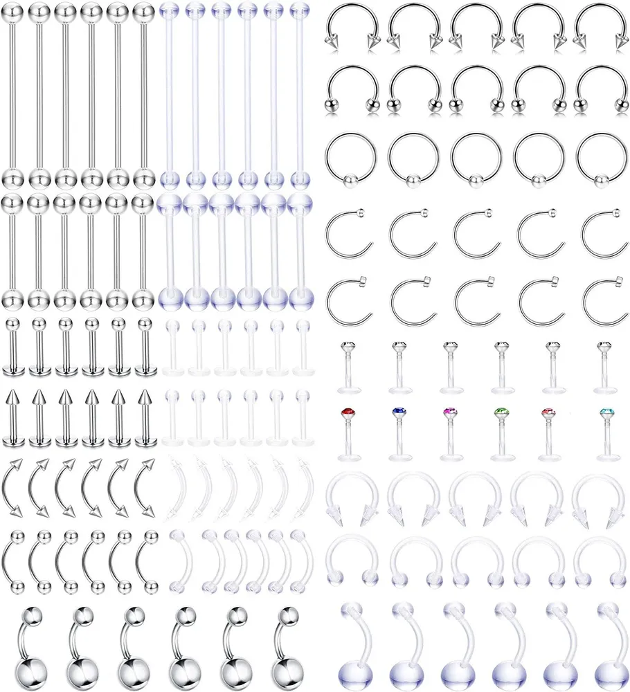 131Pcs Körper Piercing Edelstahl Nasen Ringe Lippen Zunge Studs Augenbrauen Tragus Barbell Septum Ring Piercing Kit Bauch Knopf Ringe Körper 14G - 20G