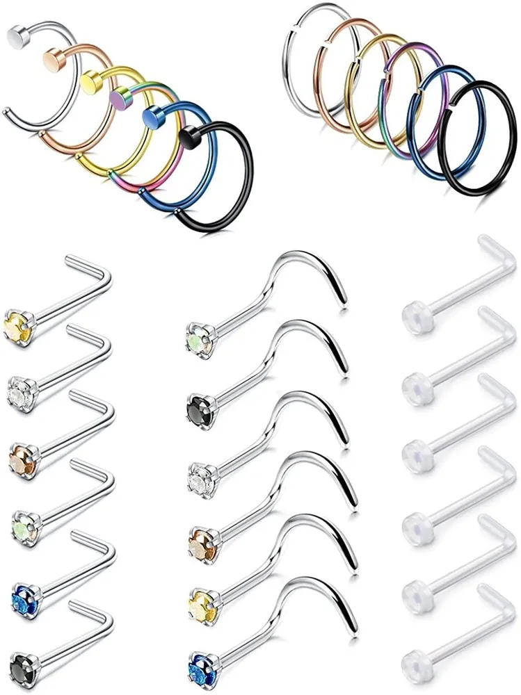 24 Stück 20G Edelstahl Schleife Nasen Ringe Schraube Stud Ringe Piercing Schmuck farbige CZ Eingezogen