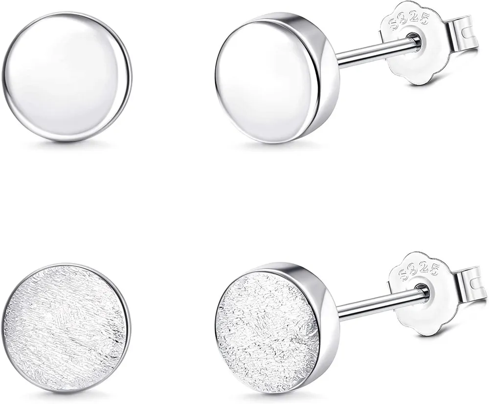 2 Paare kleiner flacher Runde 925 Stud Ohrringe Frauen Poliert und Matt Ohrringe Set 4 - 6mm