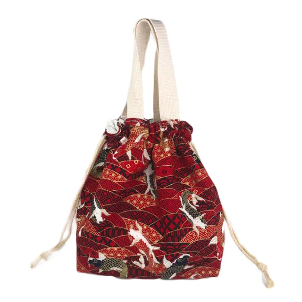 Roter Karpfen japanischer Stil Drawstring Canvas Mittagessen Tasche süße Mittagessen Box Bento Tasche große Kapazität Mittagessen Tote Tasche