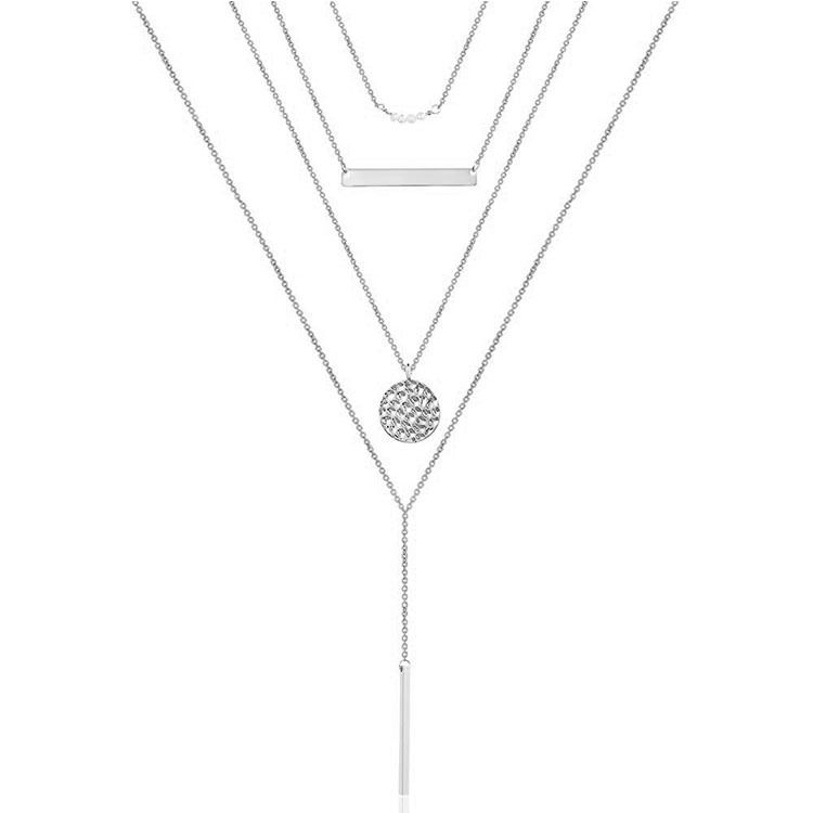 Layered Choker Halskette; Handgefertigt 14K Gold Plated Y Anhänger Halskette Multilayer Bar Disc Halskette Verstellbare Schichten Choker Halskette für Frauen