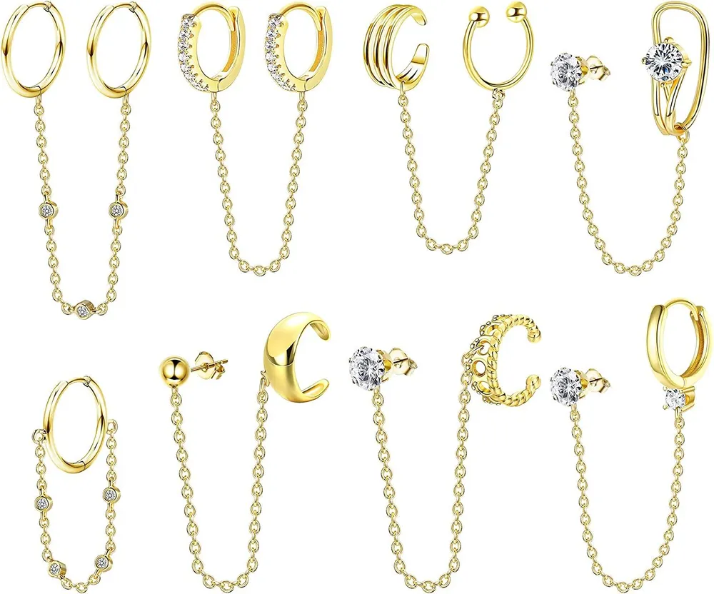 8PCS Kette Ohrringe für Frauen Huggie Wrap Ohrringe mit Kette CZ Doppelhoop Ohrringe Minimalist Chain Cuff Ohrringe