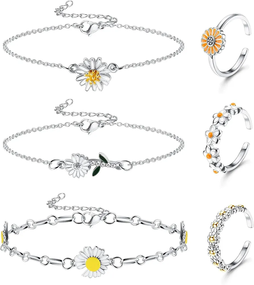 6pcs Ankleber und Zehenring Set für Frauen Daisy Sonnenblumen Knöchel Armbänder süße Blume verstellbare offene Zehen Tail Ringe Sommer Strand Füße Schmuck