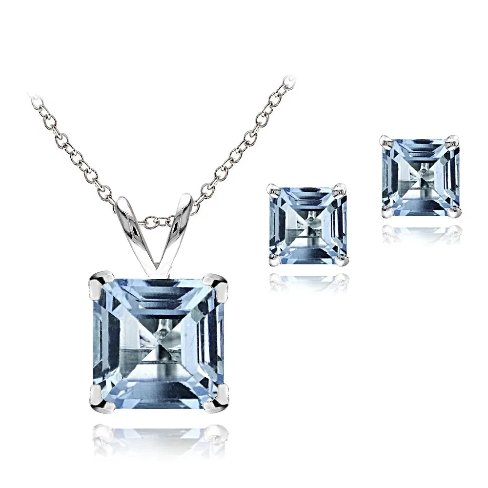 Sterling Silber 3,65ct TGW Blau Topaz Quadrat Solitaire Anhänger & Stud Ohrringe Set, 18