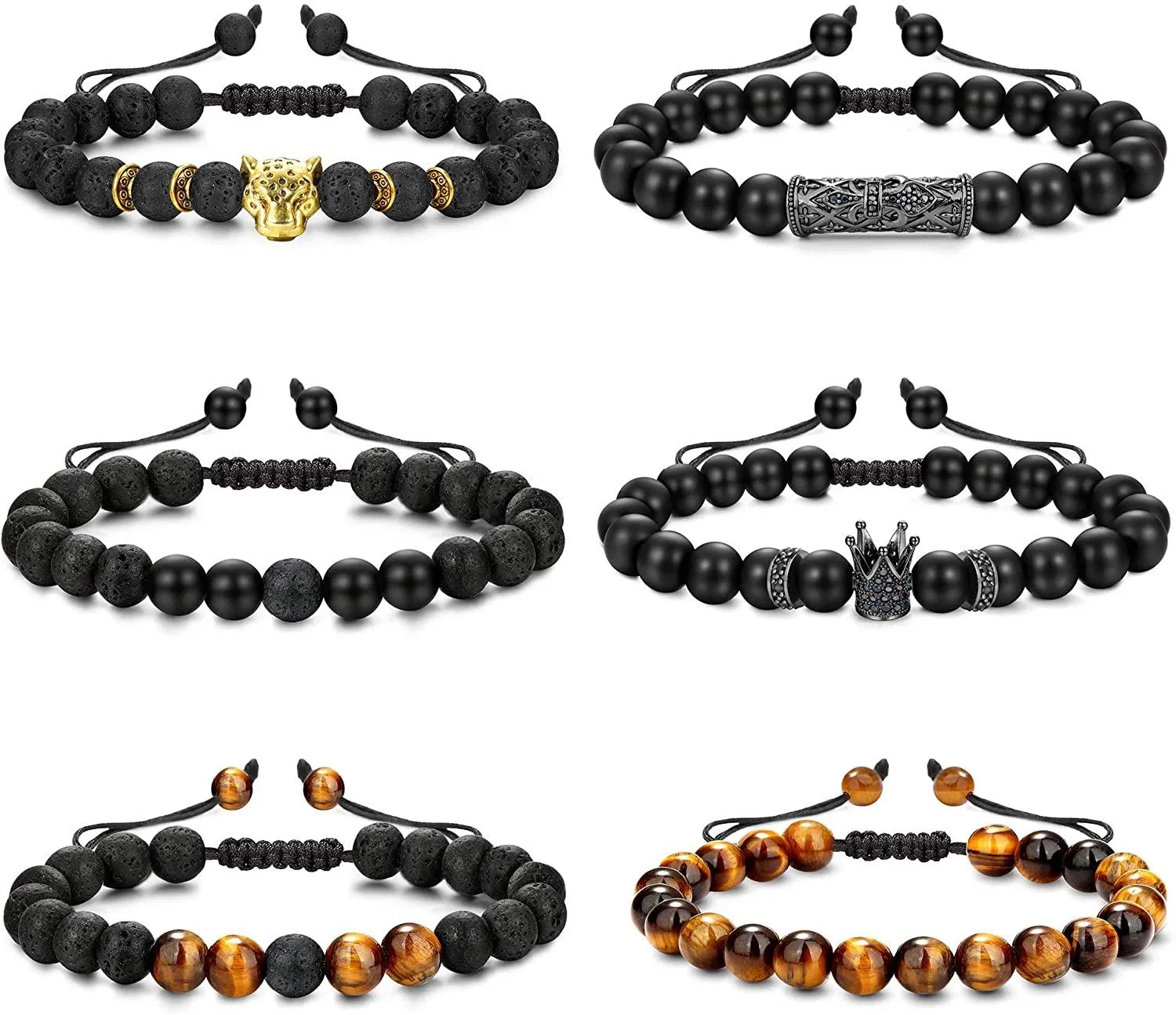 6pcs verstellbare Lava Rock Stein Perlen Armbänder für Männer Frauen 8mm Schwarz Matte Onyx Tiger Eye Naturstein Schwarz ätherisches Öl Diffuser Angst Armbänder Sets